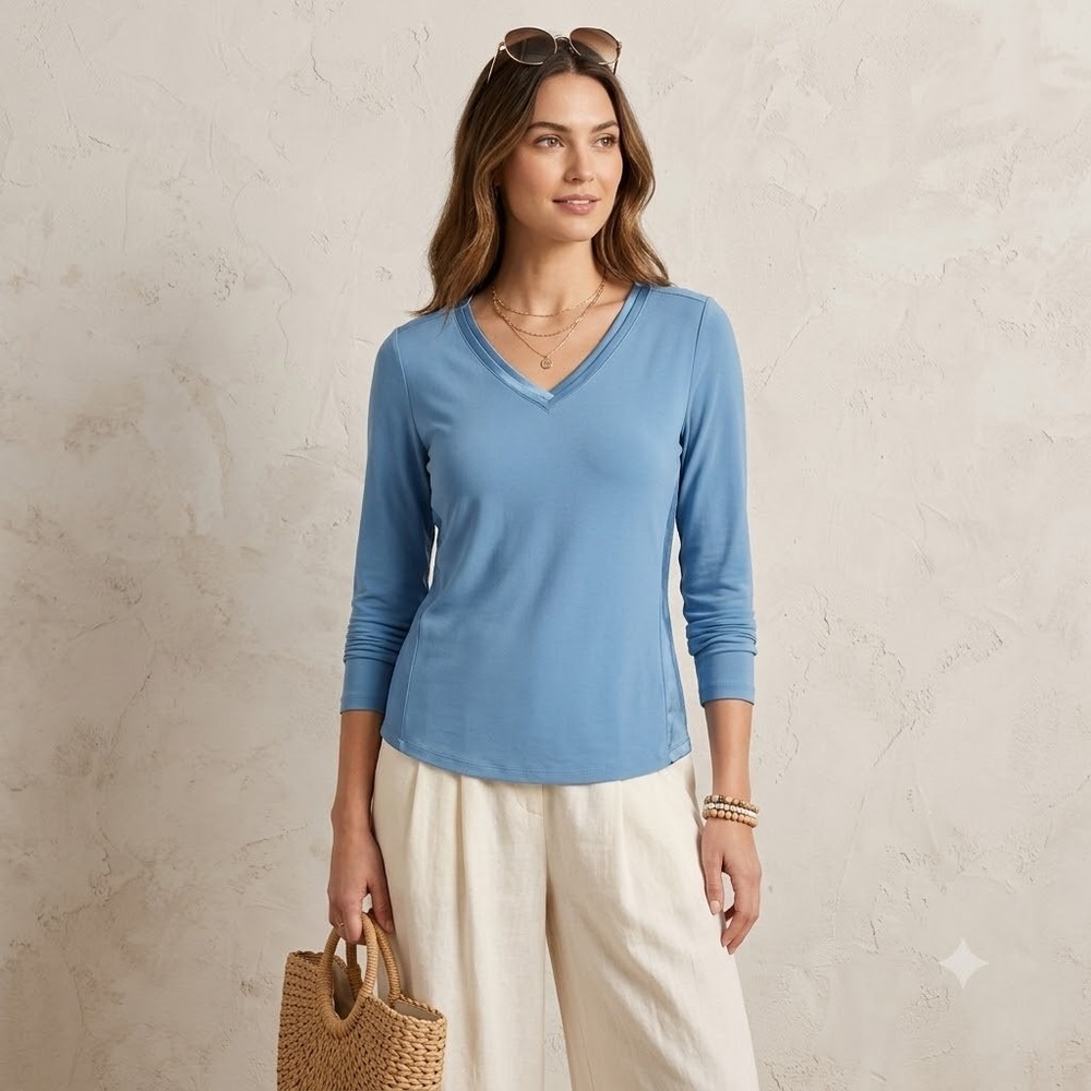 White House Black Market Blue V-Neck Long Sleeve Top Size M Satin Trim